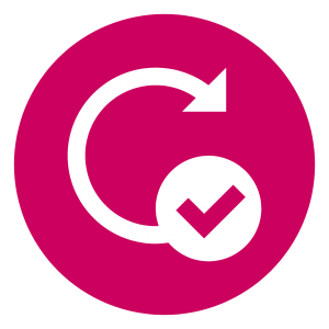 refresh icon with a tick burgundy circle